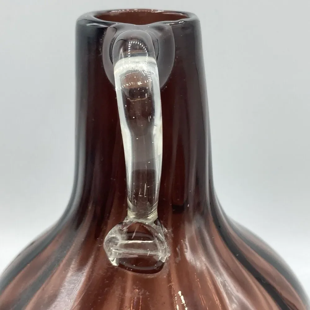 Vtg Handblown Art Glass Amethyst Ribbed Optic Jug Applied Clear Handle 8.75
